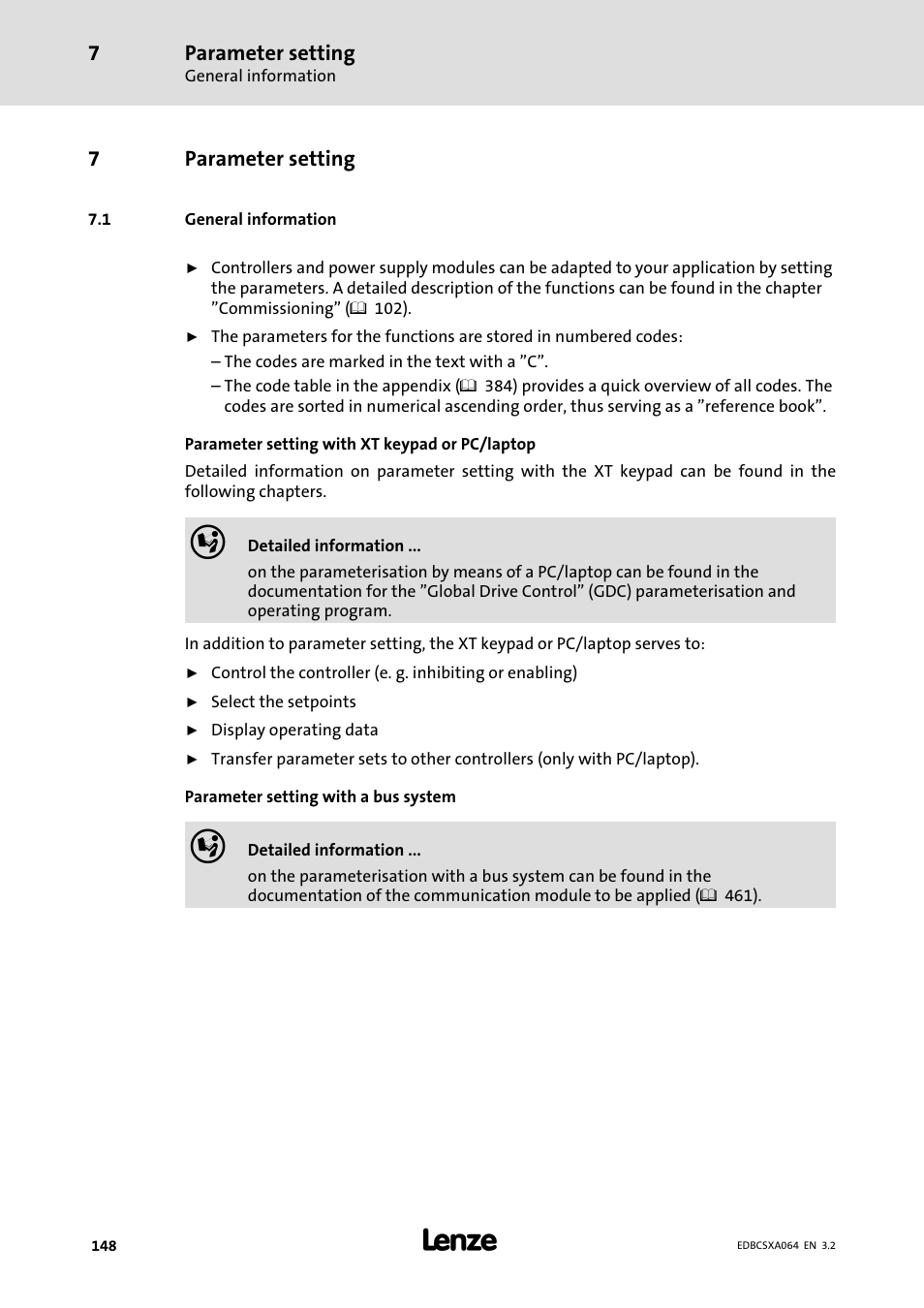 7 parameter setting, 1 general information, Parameter setting | General information | Lenze ECSCAxxx User Manual | Page 148 / 483