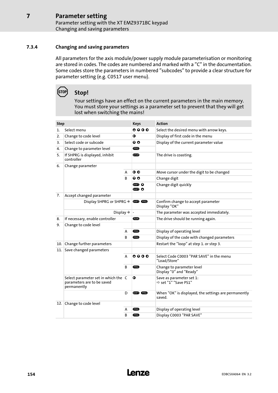 4 changing and saving parameters, Changing and saving parameters, Parameter setting | Stop | Lenze ECSCAxxx User Manual | Page 154 / 483