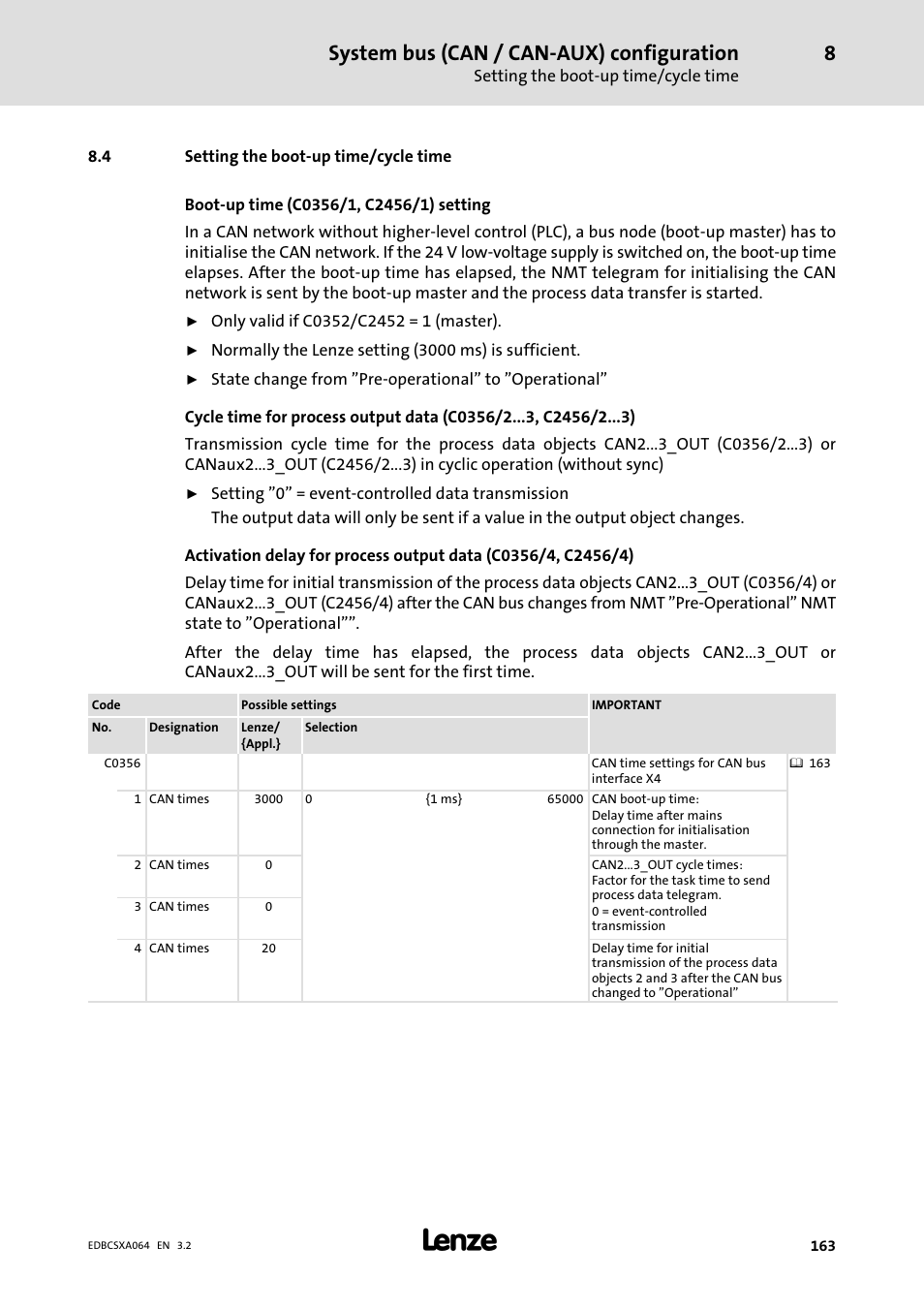 4 setting the boot-up time/cycle time, Setting the boot−up time/cycle time, System bus (can / can−aux) configuration | Lenze ECSCAxxx User Manual | Page 163 / 483