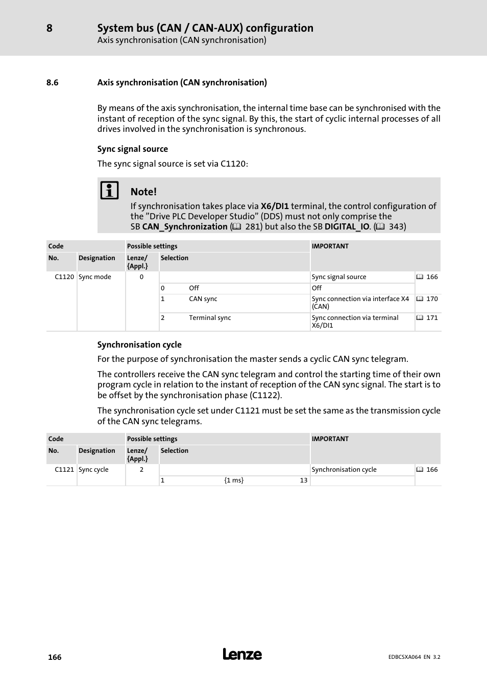 6 axis synchronisation (can synchronisation), Axis synchronisation (can synchronisation), System bus (can / can−aux) configuration | Lenze ECSCAxxx User Manual | Page 166 / 483