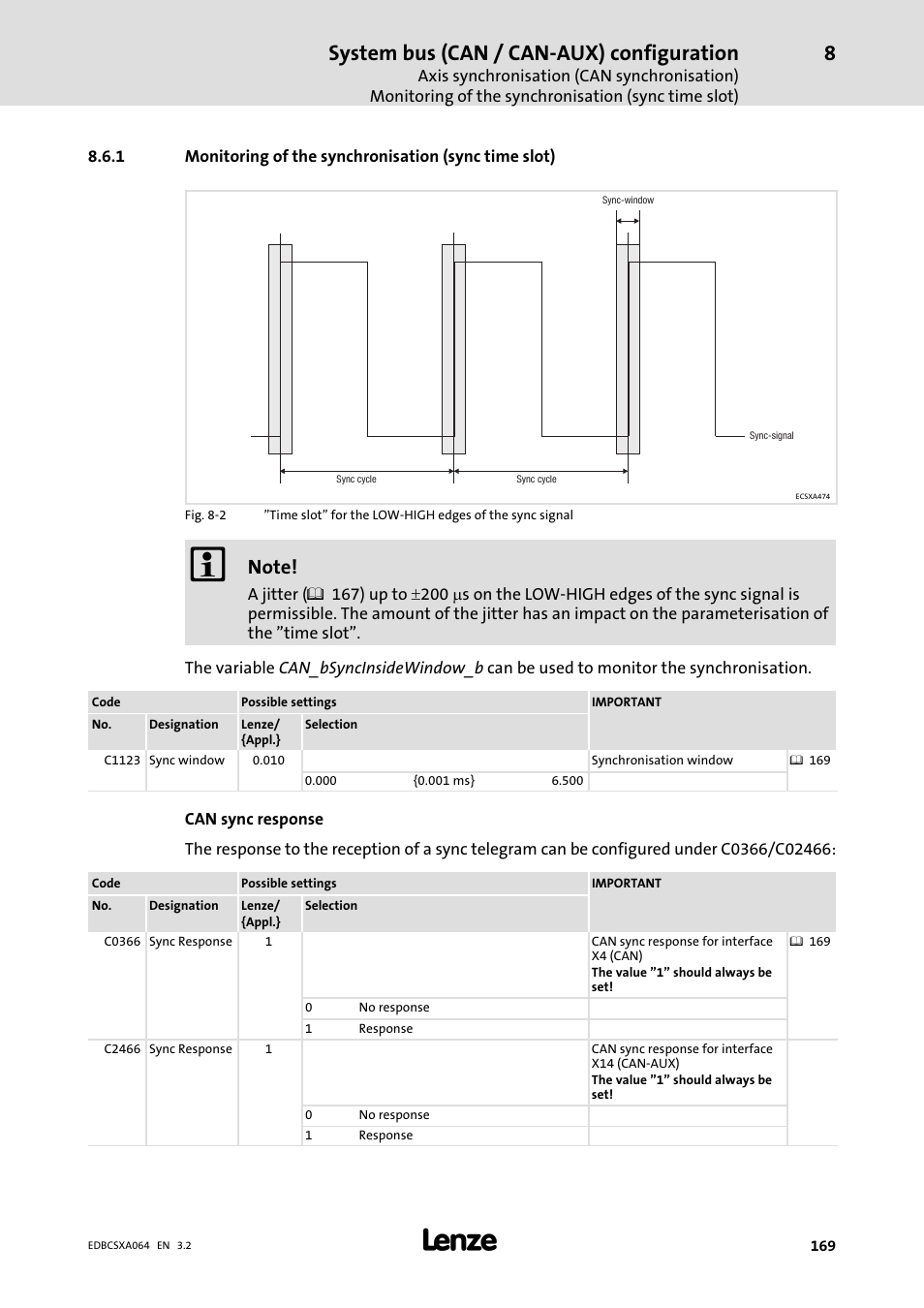 Monitoring of the synchronisation (sync time slot), System bus (can / can−aux) configuration | Lenze ECSCAxxx User Manual | Page 169 / 483