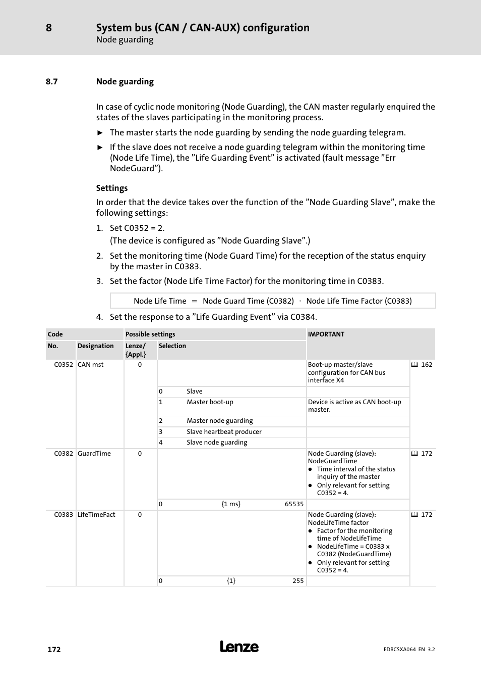 7 node guarding, Node guarding, System bus (can / can−aux) configuration | Lenze ECSCAxxx User Manual | Page 172 / 483