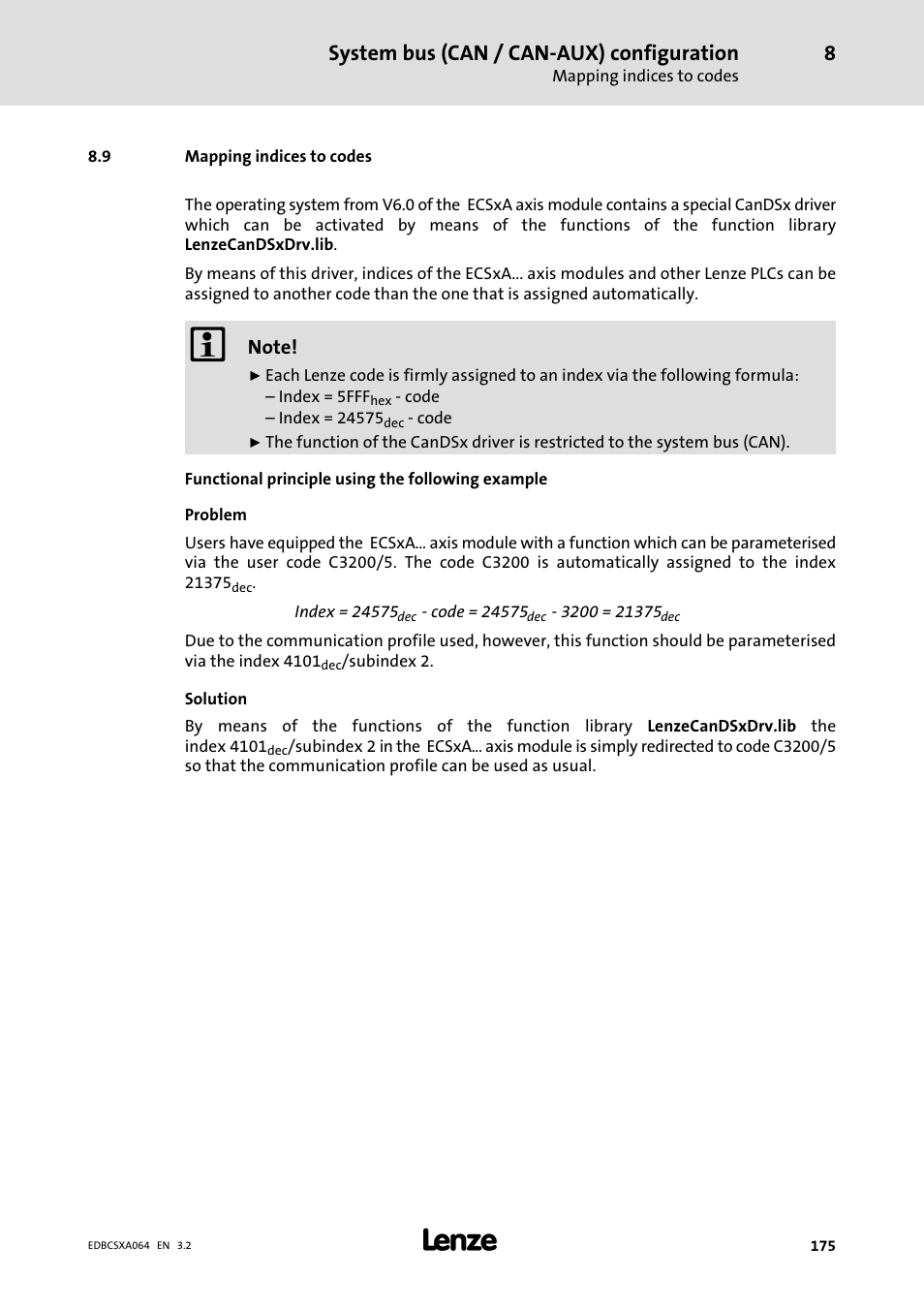 9 mapping indices to codes, Mapping indices to codes, System bus (can / can−aux) configuration | Lenze ECSCAxxx User Manual | Page 175 / 483