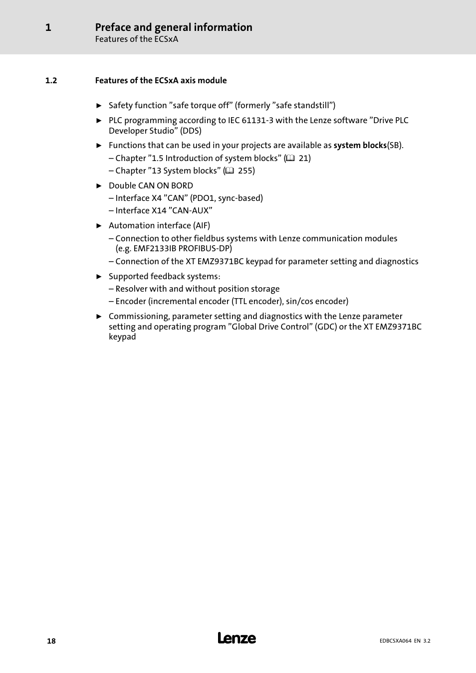 2 features of the ecsxa a axis module, Features of the ecsxa axis module, Preface and general information | Lenze ECSCAxxx User Manual | Page 18 / 483