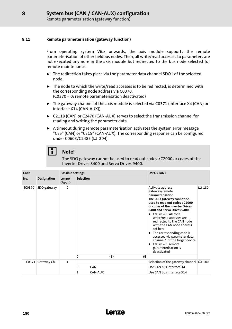 11 remote parameterisation (gateway function), System bus (can / can−aux) configuration | Lenze ECSCAxxx User Manual | Page 180 / 483