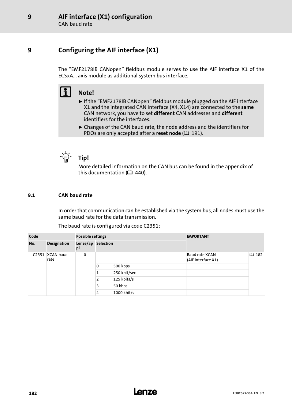 9 configuring the aif interface (x1), 1 can baud rate, Configuring the aif interface (x1) | Can baud rate, Aif interface (x1) configuration, 9configuring the aif interface (x1) | Lenze ECSCAxxx User Manual | Page 182 / 483