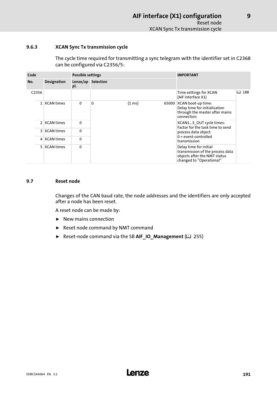 3 xcan sync tx transmission cycle, 7 reset node, Xcan sync tx transmission cycle | Reset node, Aif interface (x1) configuration | Lenze ECSCAxxx User Manual | Page 191 / 483