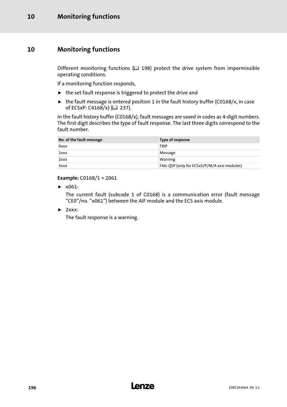 10 monitoring functions, Monitoring functions, Monitoring functions 10 | Lenze ECSCAxxx User Manual | Page 196 / 483