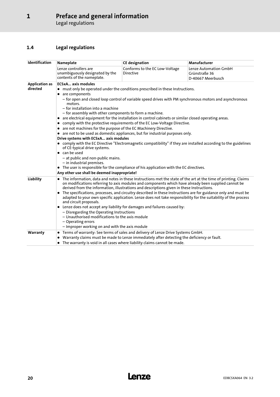 4 legal regulations, Legal regulations, Preface and general information | Lenze ECSCAxxx User Manual | Page 20 / 483