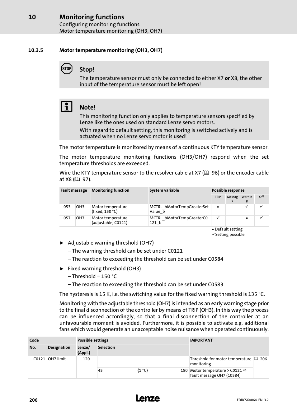 5 motor temperature monitoring (oh3, oh7), Motor temperature monitoring (oh3, oh7), Monitoring functions | Stop | Lenze ECSCAxxx User Manual | Page 206 / 483