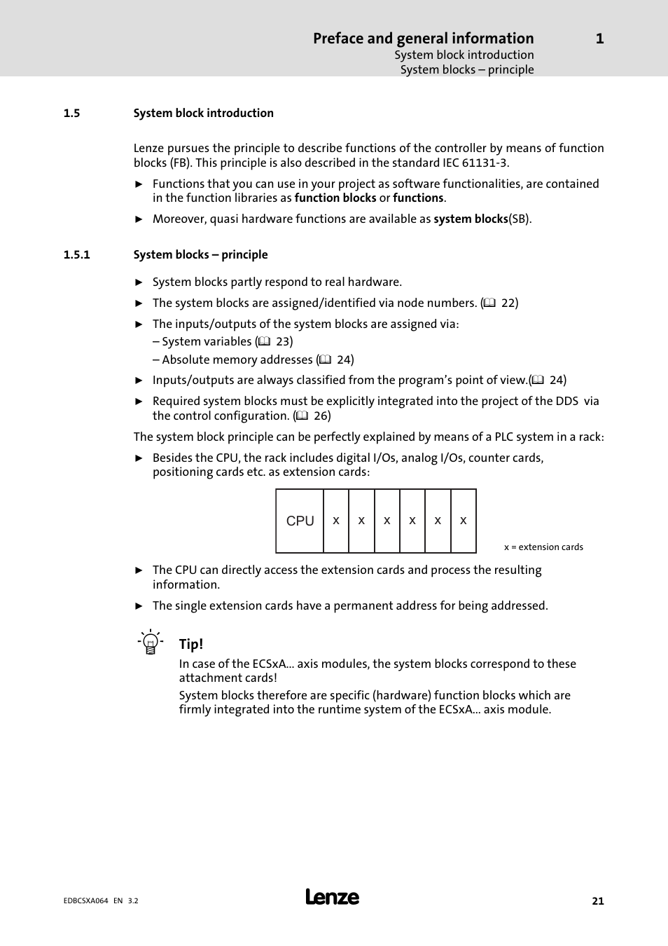 5 system block introduction, 1 system blocks  principle, System block introduction | System blocks ˘ principle, Chapter "1.5 introduction of system blocks, Preface and general information | Lenze ECSCAxxx User Manual | Page 21 / 483