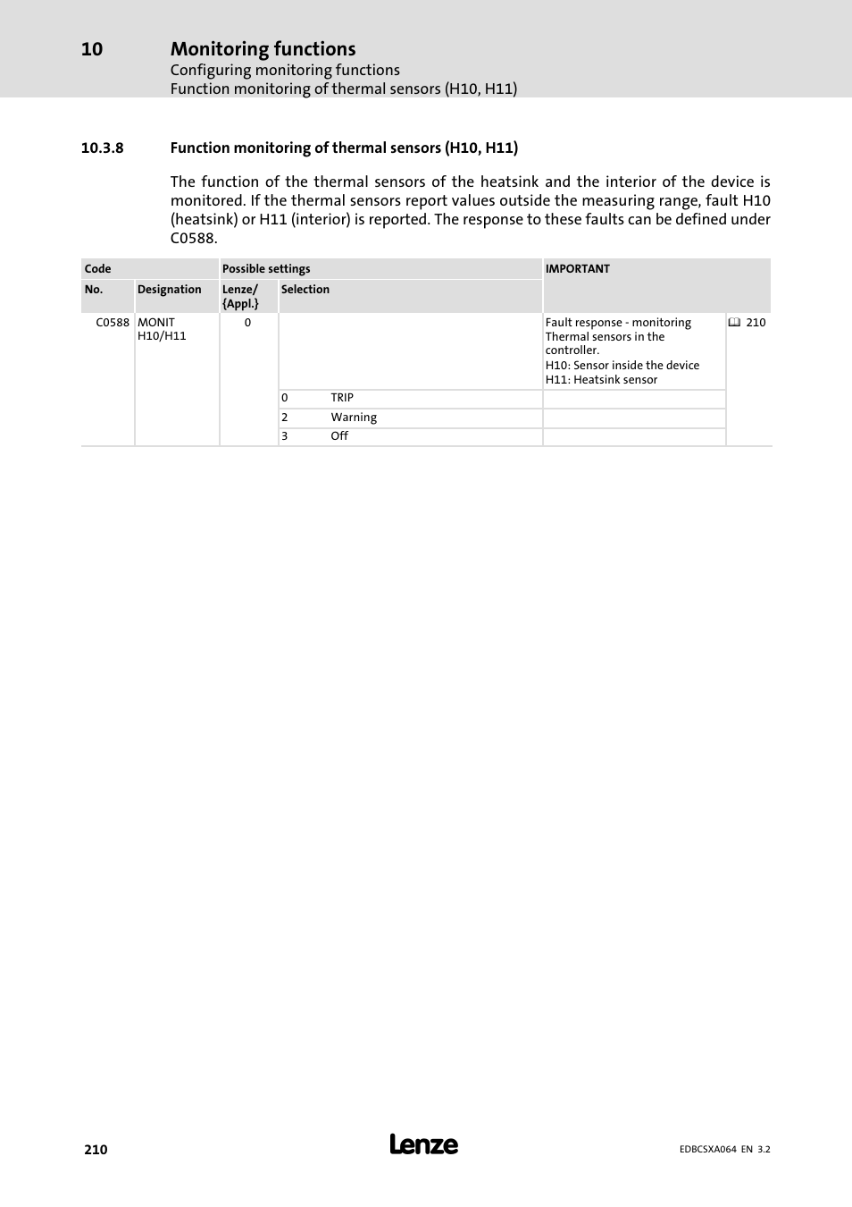 Function monitoring of thermal sensors (h10, h11), Monitoring functions | Lenze ECSCAxxx User Manual | Page 210 / 483