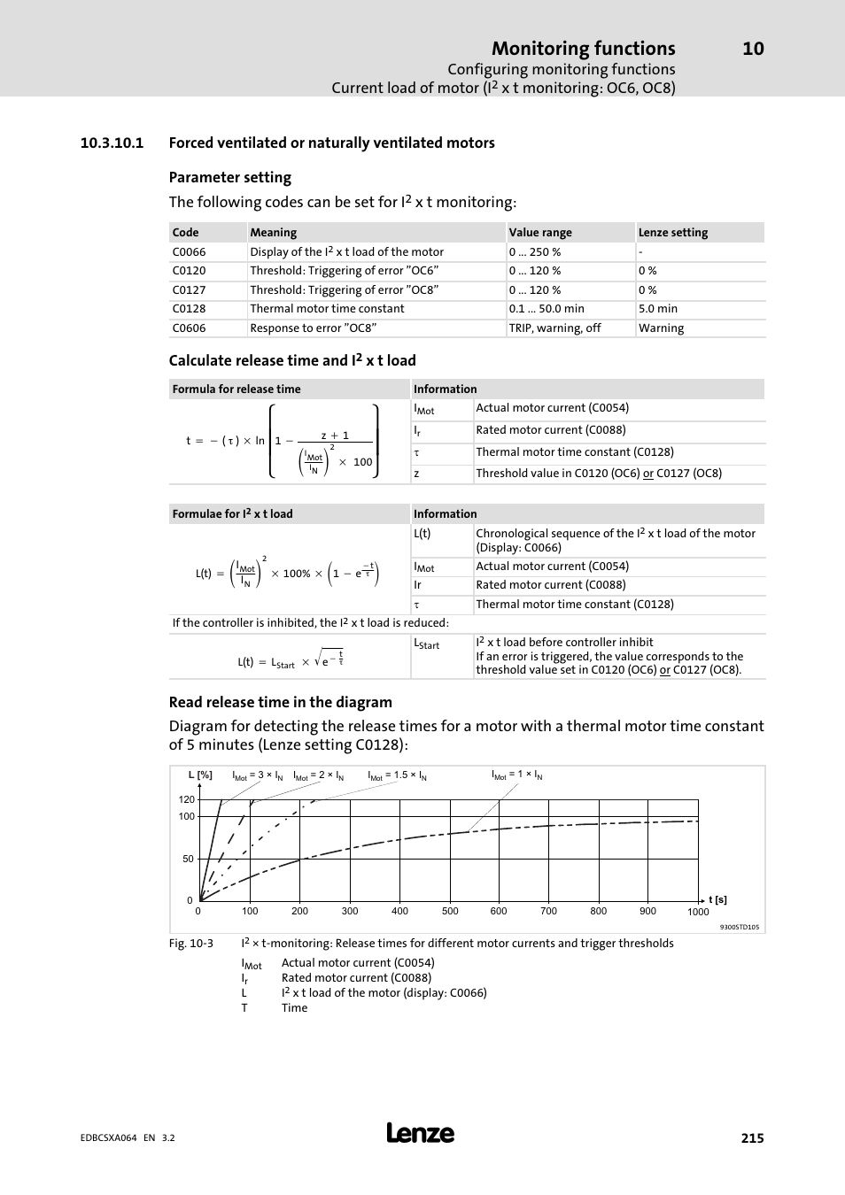 Ȧȧ ȡ ȣ, Ȧȧ ȣ ȥ, Monitoring functions | X t monitoring: oc6, oc8), X t monitoring, Calculate release time and i, X t load | Lenze ECSCAxxx User Manual | Page 215 / 483