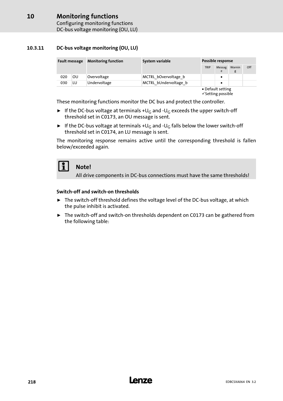 11 dc-bus voltage monitoring (ou, lu), 11 dc−bus voltage monitoring (ou, lu), Monitoring functions | Lenze ECSCAxxx User Manual | Page 218 / 483