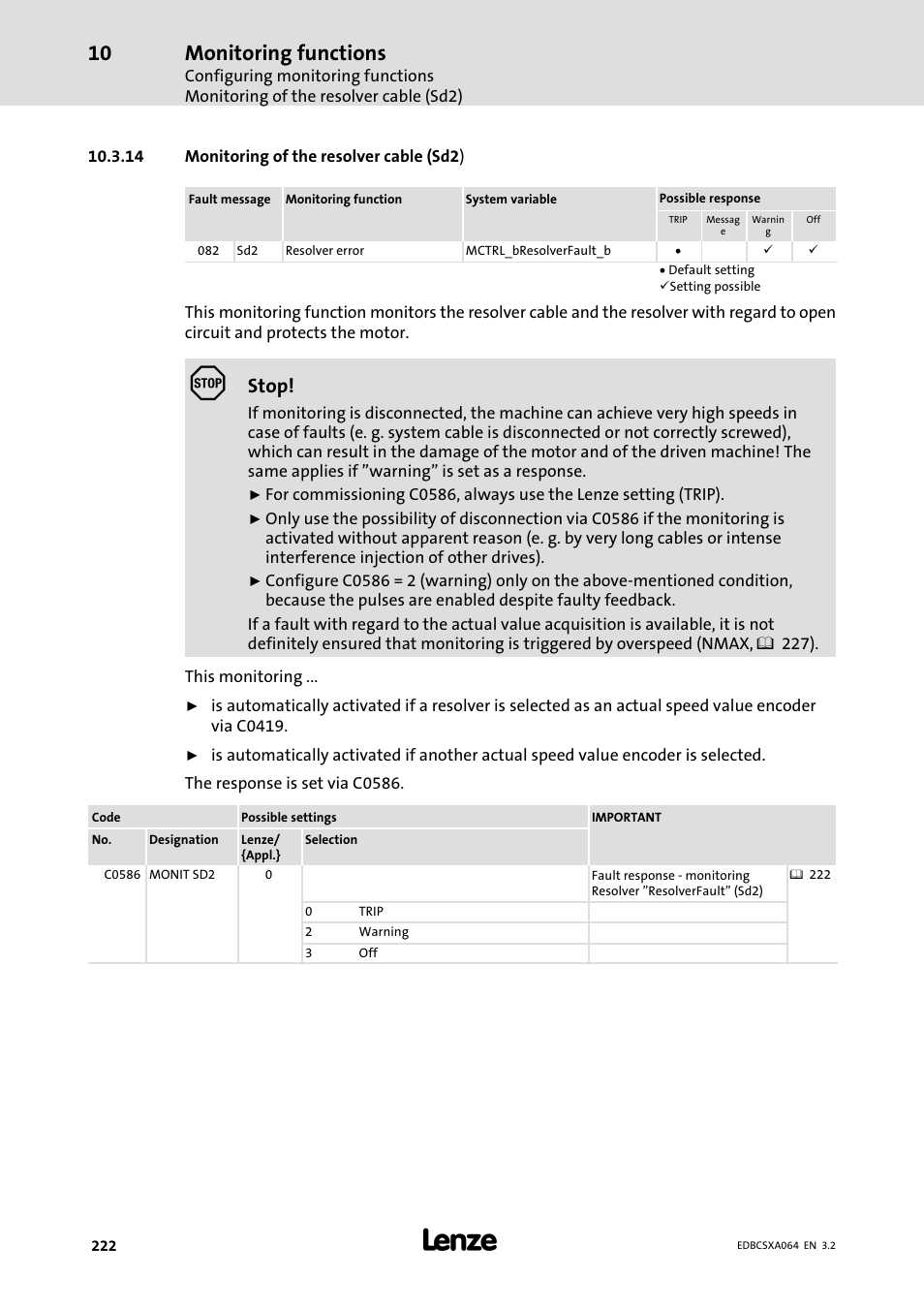 14 monitoring of the resolver cable (sd2), Monitoring functions, Stop | Lenze ECSCAxxx User Manual | Page 222 / 483