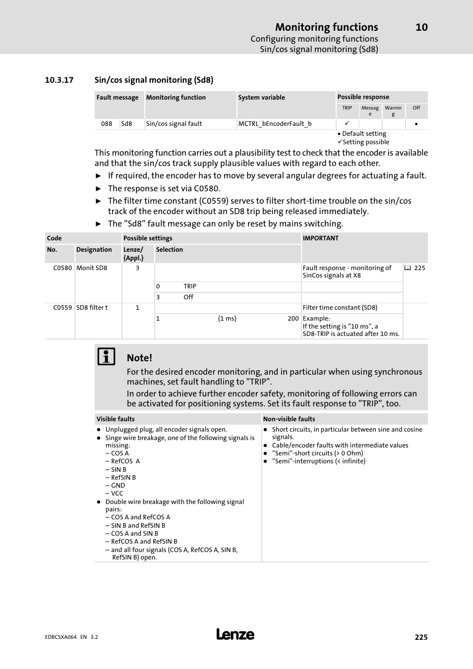 17 sin/cos signal monitoring (sd8), Monitoring functions | Lenze ECSCAxxx User Manual | Page 225 / 483