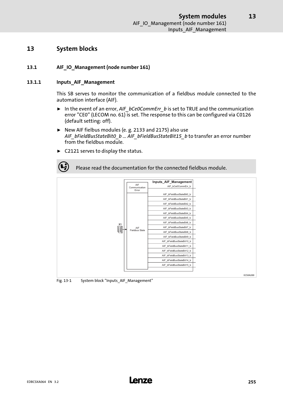 13 system blocks, 1 aif_io_management (node number 161), 1 inputs_aif_management | System blocks, Inputs_aif_management, Chapter "13 system blocks, System modules | Lenze ECSCAxxx User Manual | Page 255 / 483
