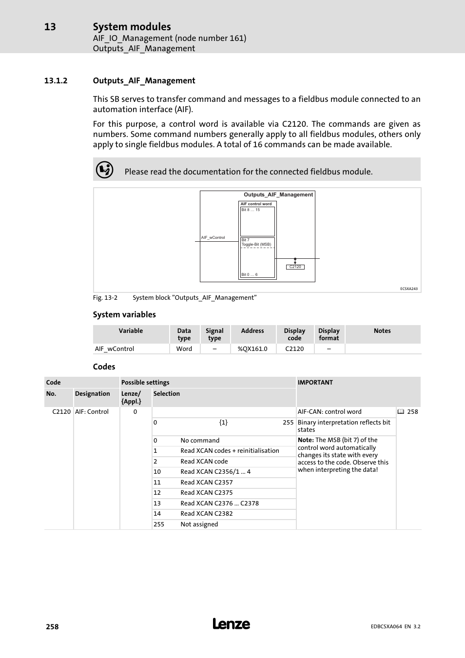 2 outputs_aif_management, Outputs_aif_management, System modules | Lenze ECSCAxxx User Manual | Page 258 / 483