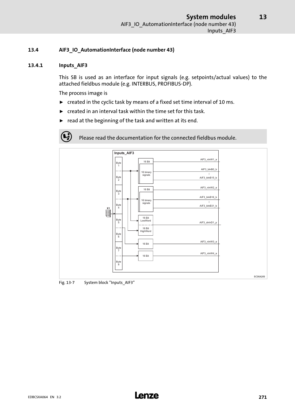 4 aif3_io_automationinterface (node number 43), 1 inputs_aif3, Inputs_aif3 | System modules | Lenze ECSCAxxx User Manual | Page 271 / 483