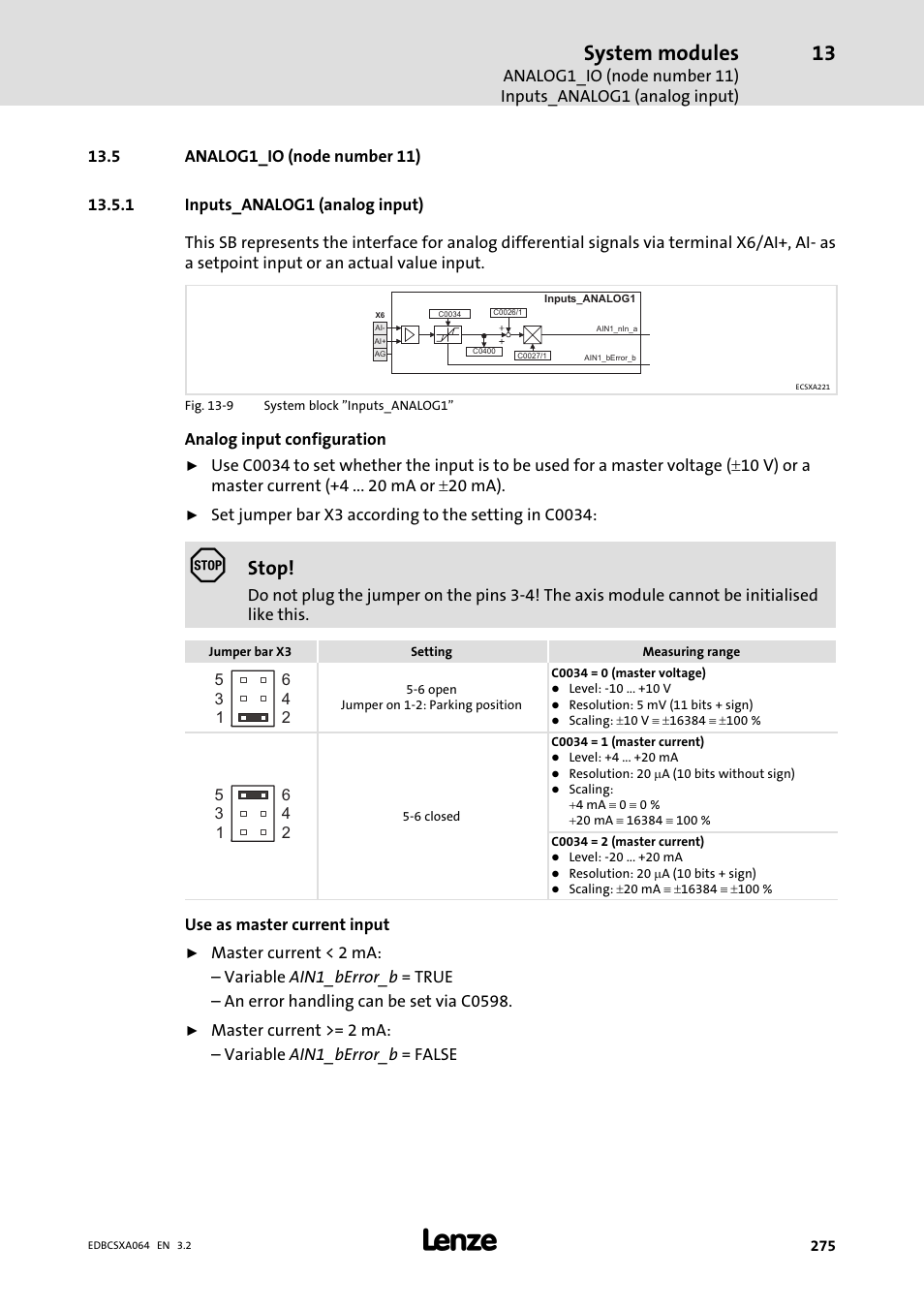 5 analog1_io (node number 11), 1 inputs_analog1 (analog input), Inputs_analog1 (analog input) | System modules, Stop | Lenze ECSCAxxx User Manual | Page 275 / 483