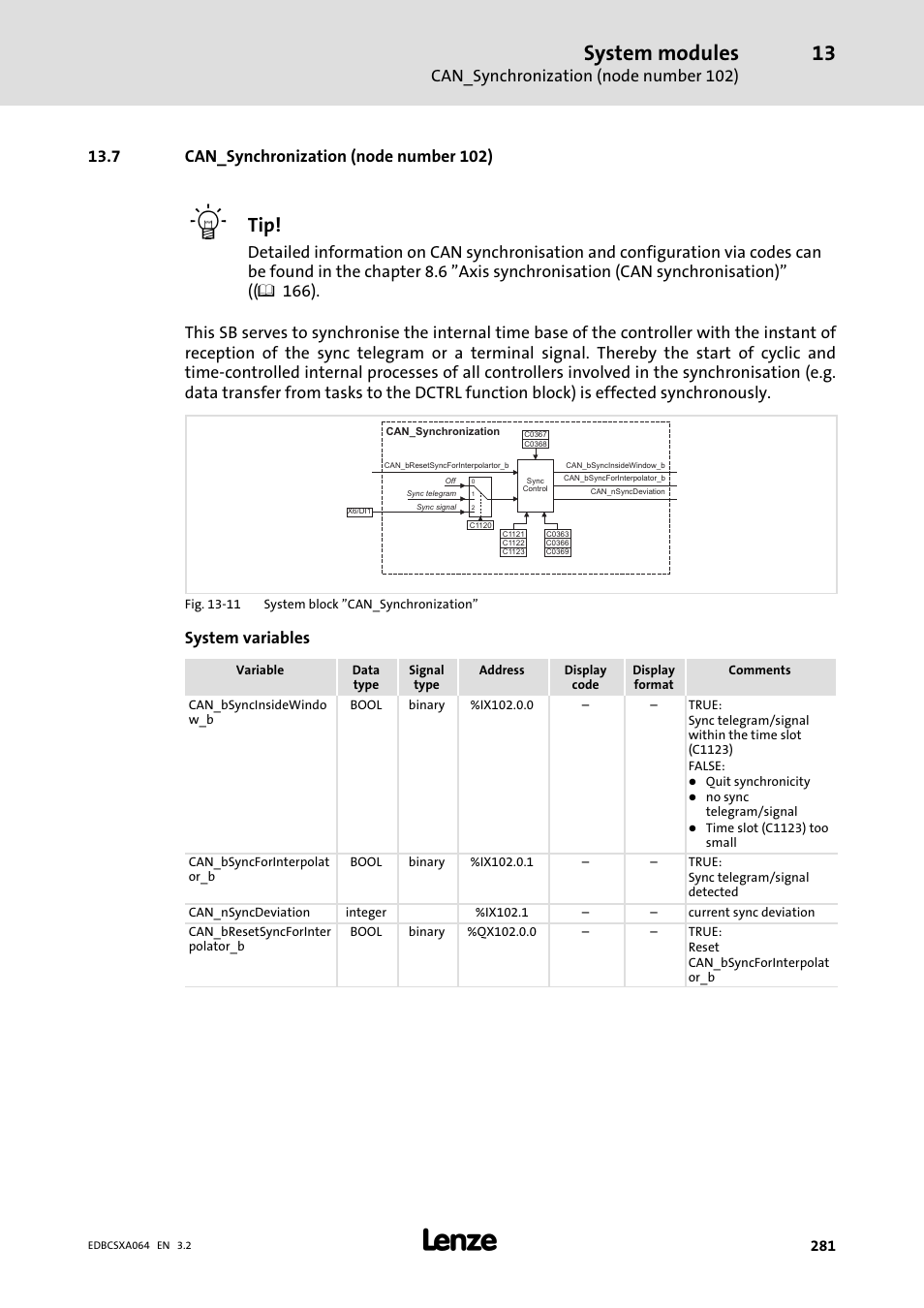 7 can_synchronization (node number 102), 281) but also the sb, System modules | Can_synchronization (node number 102), System variables | Lenze ECSCAxxx User Manual | Page 281 / 483