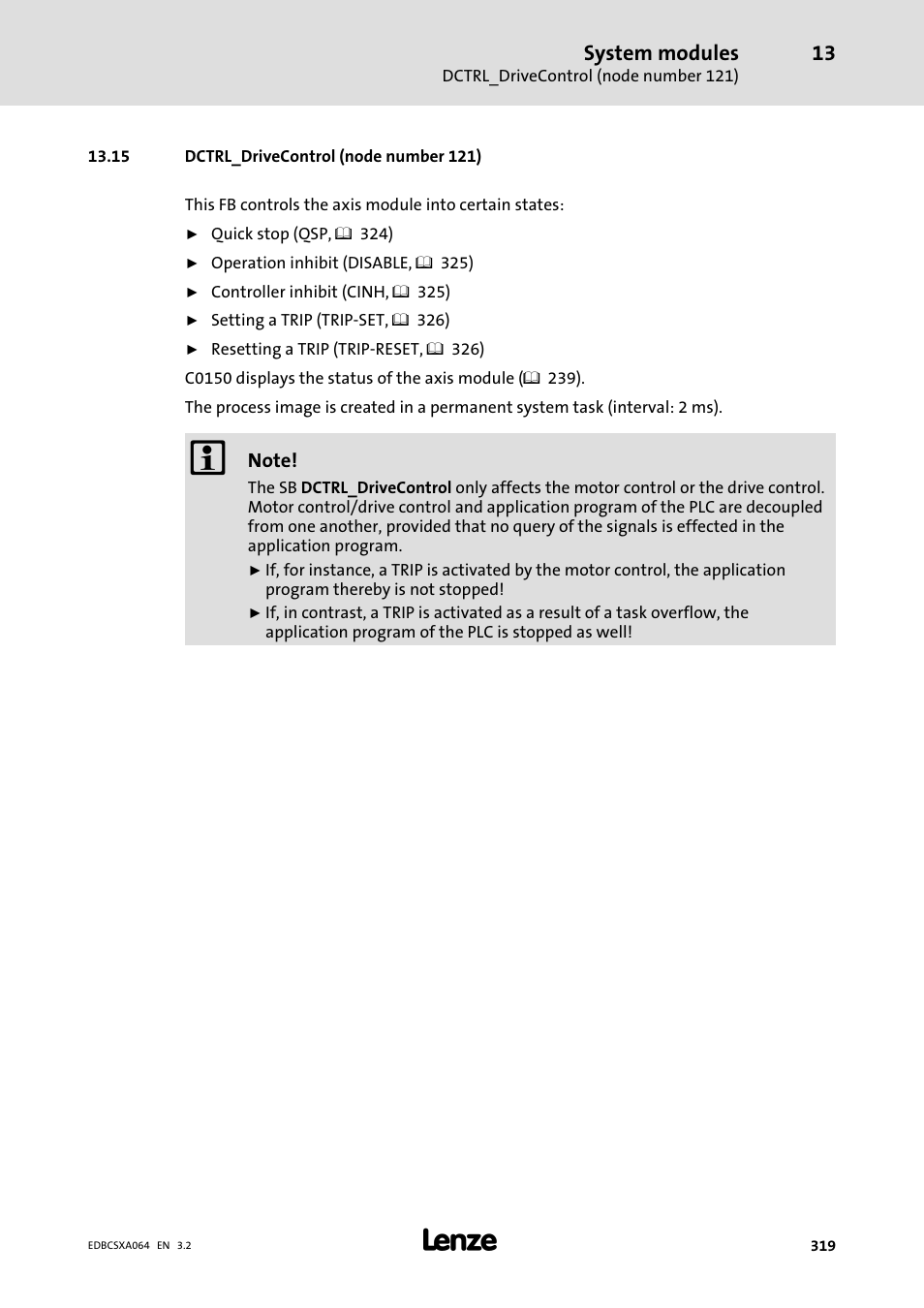 15 dctrl_drivecontrol (node number 121), System modules | Lenze ECSCAxxx User Manual | Page 319 / 483