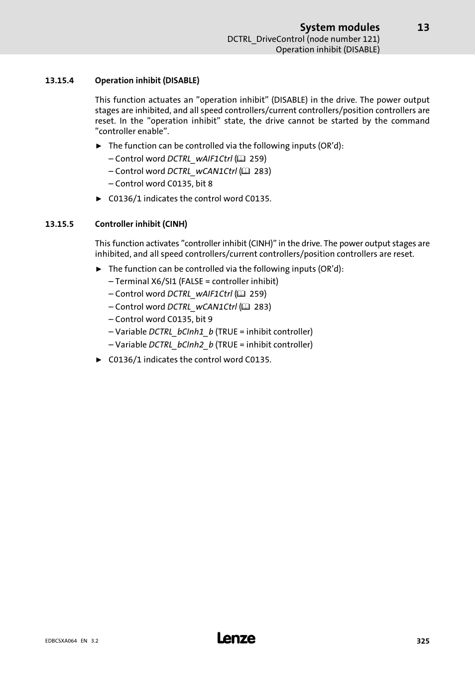 4 operation inhibit (disable), 5 controller inhibit (cinh), System modules | Lenze ECSCAxxx User Manual | Page 325 / 483