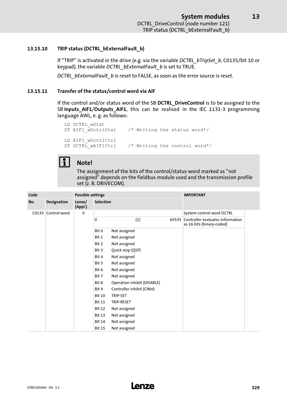10 trip status (dctrl_bexternalfault_b), 11 transfer of the status/control word via aif, System modules | Lenze ECSCAxxx User Manual | Page 329 / 483