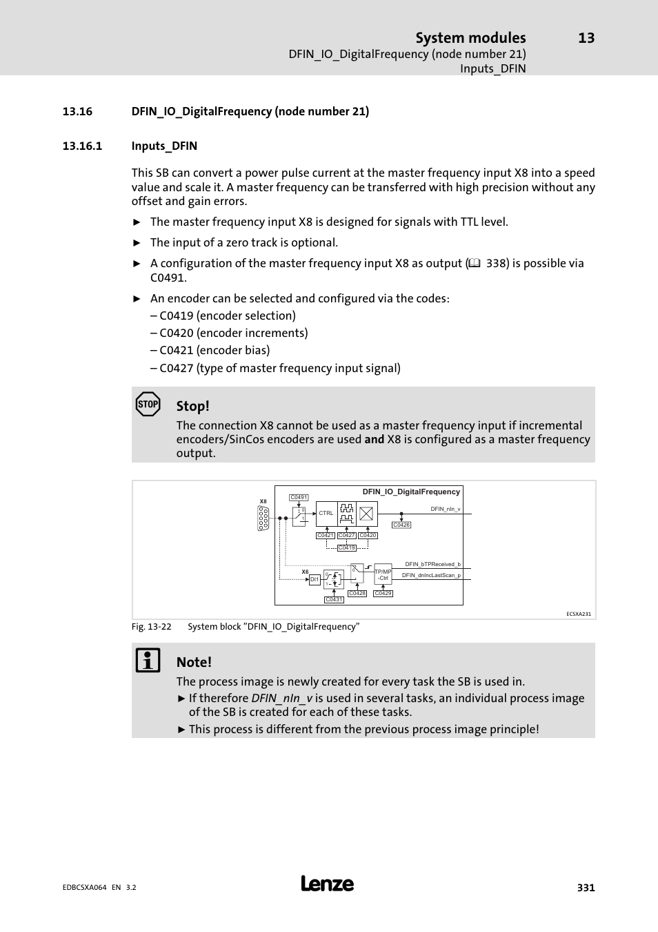 16 dfin_io_digitalfrequency (node number 21), 1 inputs_dfin, System modules | Stop | Lenze ECSCAxxx User Manual | Page 331 / 483