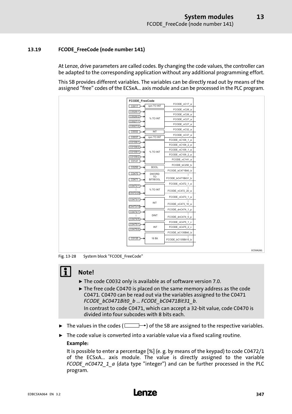 19 fcode_freecode (node number 141), System modules, Fcode_freecode (node number 141) | Lenze ECSCAxxx User Manual | Page 347 / 483