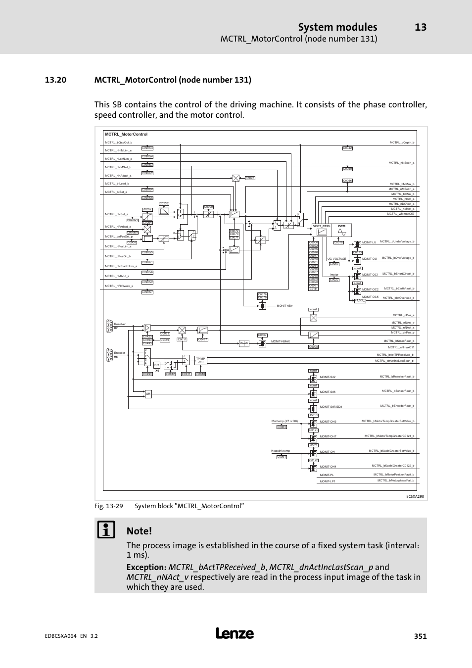 20 mctrl_motorcontrol (node number 131), System modules, Mctrl_motorcontrol (node number 131) | Fig. 13−29 system block "mctrl_motorcontrol | Lenze ECSCAxxx User Manual | Page 351 / 483