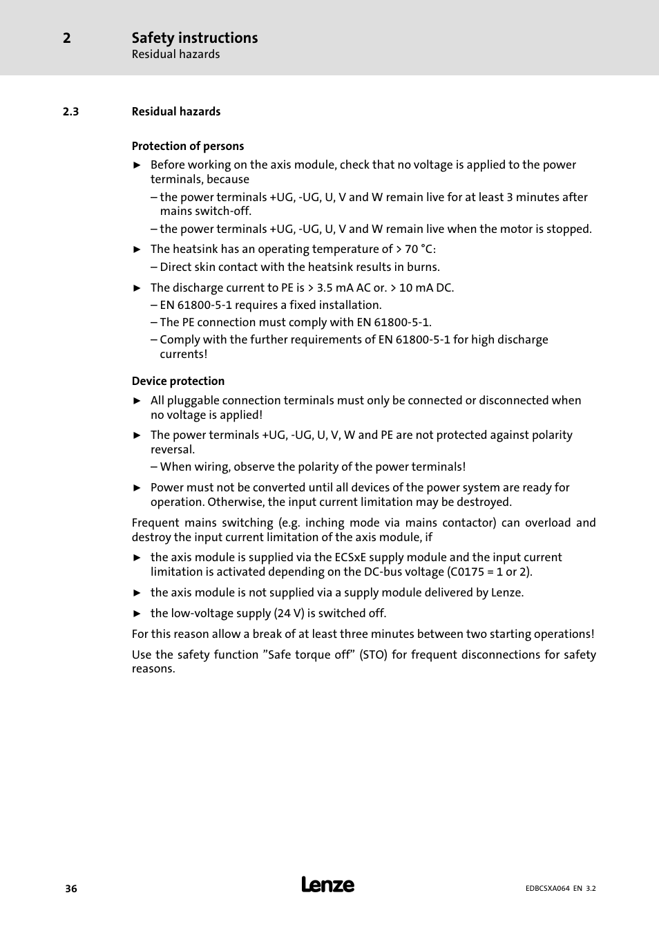 3 residual hazards, Residual hazards, Safety instructions | Lenze ECSCAxxx User Manual | Page 36 / 483
