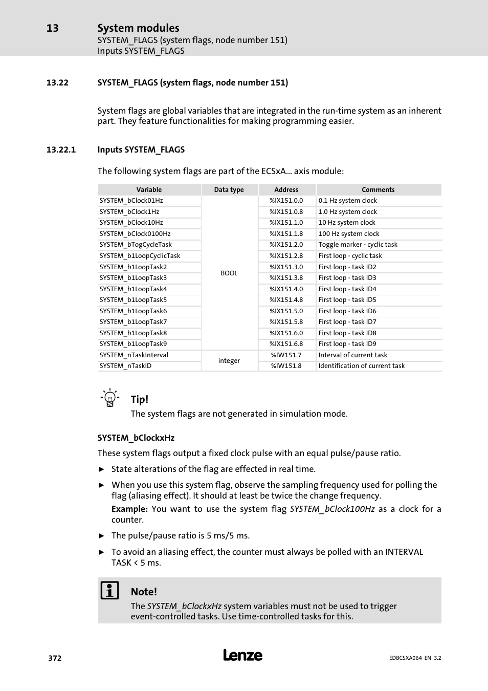 22 system_flags (system flags, node number 151), 1 inputs system_flags, System modules | Lenze ECSCAxxx User Manual | Page 372 / 483