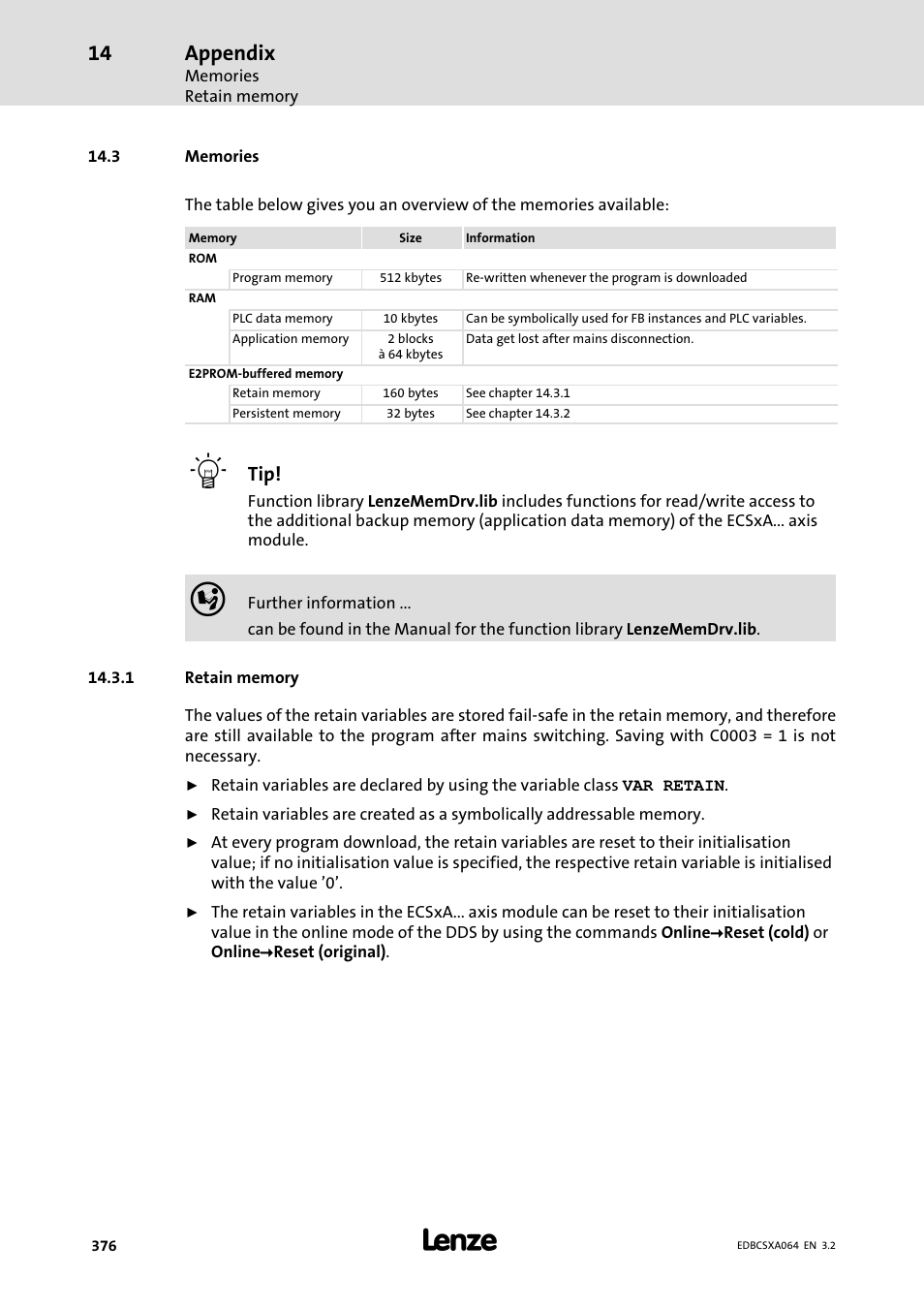 3 memories, 1 retain memory, Retain memory | Appendix | Lenze ECSCAxxx User Manual | Page 376 / 483