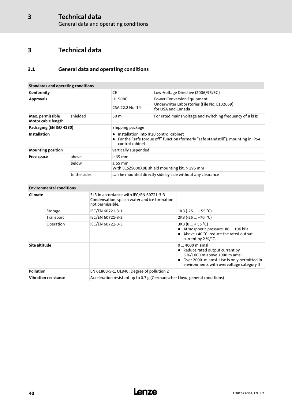 3 technical data, 1 general data and operating conditions, Technical data | General data and operating conditions, 3technical data | Lenze ECSCAxxx User Manual | Page 40 / 483