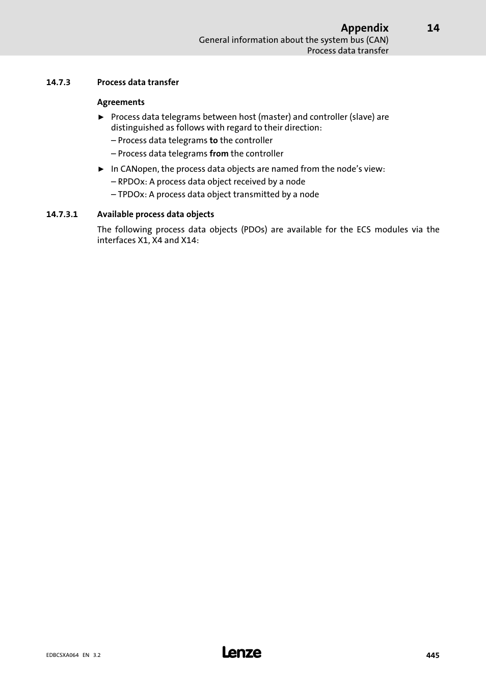 3 process data transfer, Process data transfer | Lenze ECSCAxxx User Manual | Page 445 / 483