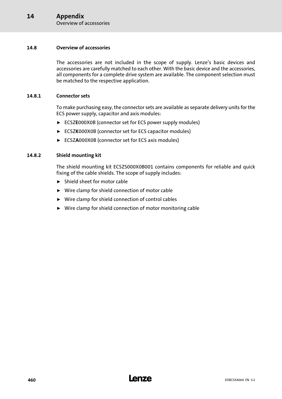 8 overview of accessories, 1 connector sets, 2 shield mounting kit | Connector sets, Shield mounting kit, Appendix | Lenze ECSCAxxx User Manual | Page 460 / 483