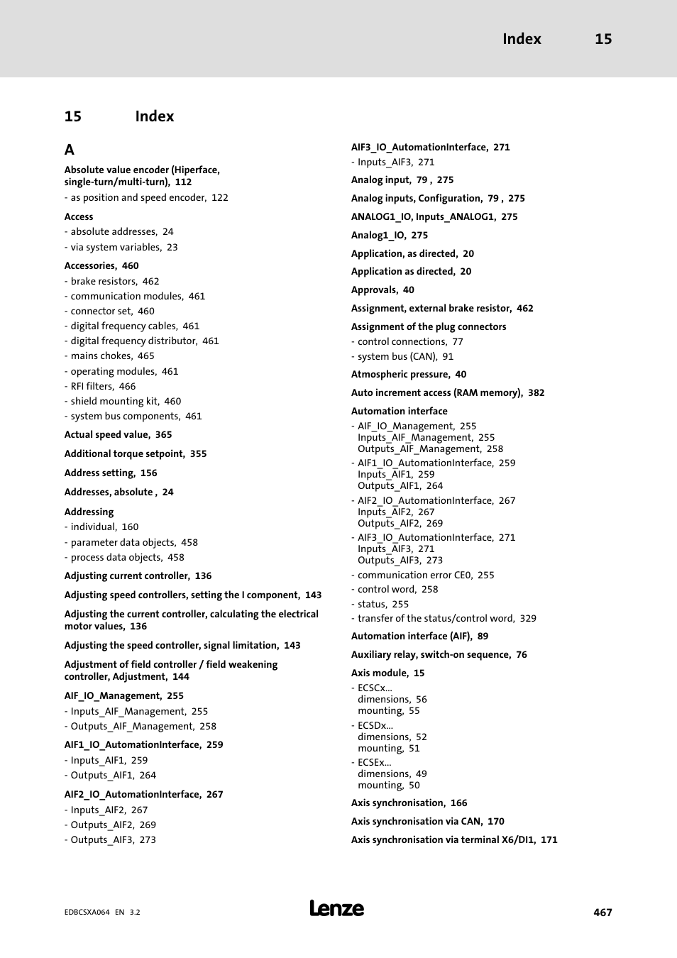 15 index, Index, Index 15 | 15 index a | Lenze ECSCAxxx User Manual | Page 467 / 483