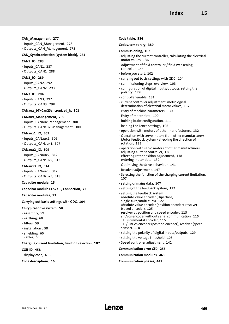 Index 15 | Lenze ECSCAxxx User Manual | Page 469 / 483