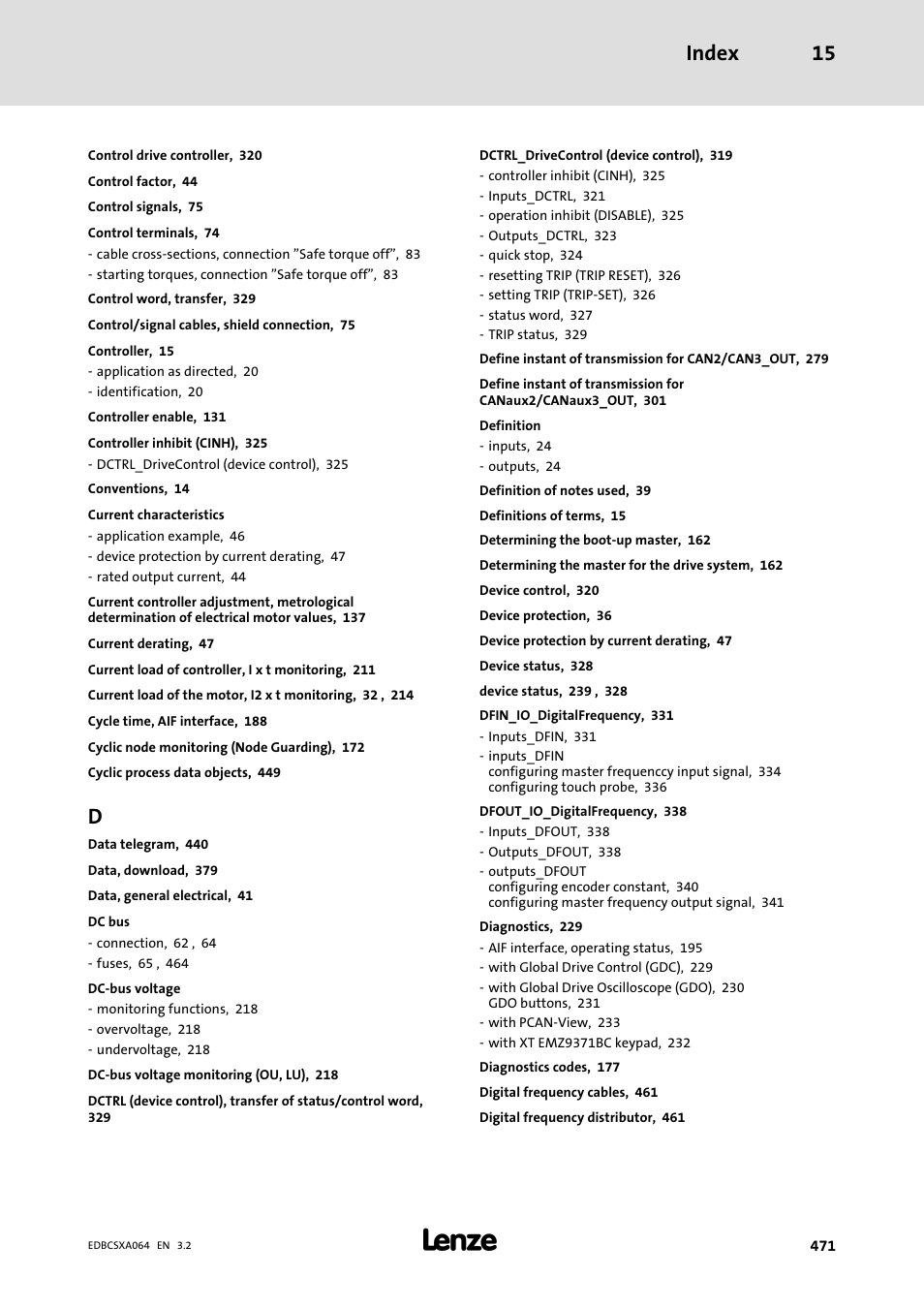 Index 15 | Lenze ECSCAxxx User Manual | Page 471 / 483