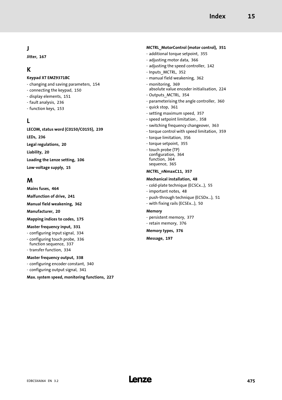 Index 15 | Lenze ECSCAxxx User Manual | Page 475 / 483