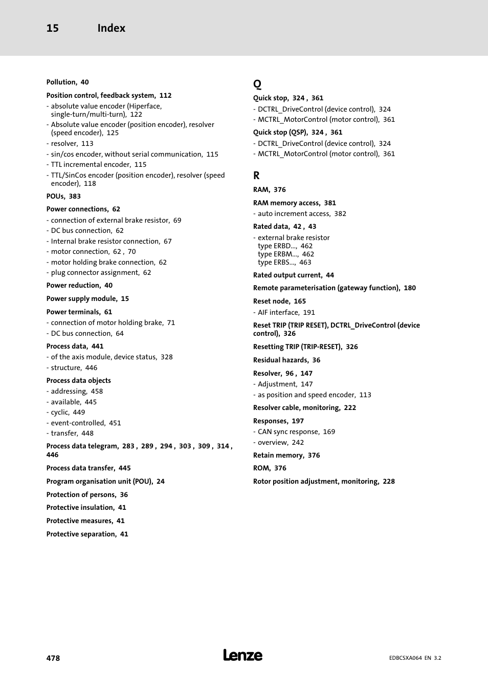 Index 15 | Lenze ECSCAxxx User Manual | Page 478 / 483