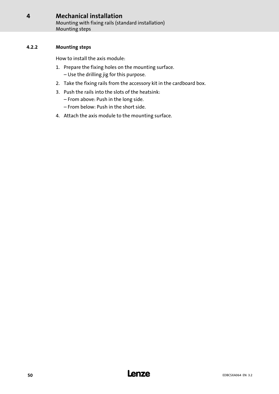 2 mounting steps, Mounting steps | Lenze ECSCAxxx User Manual | Page 50 / 483