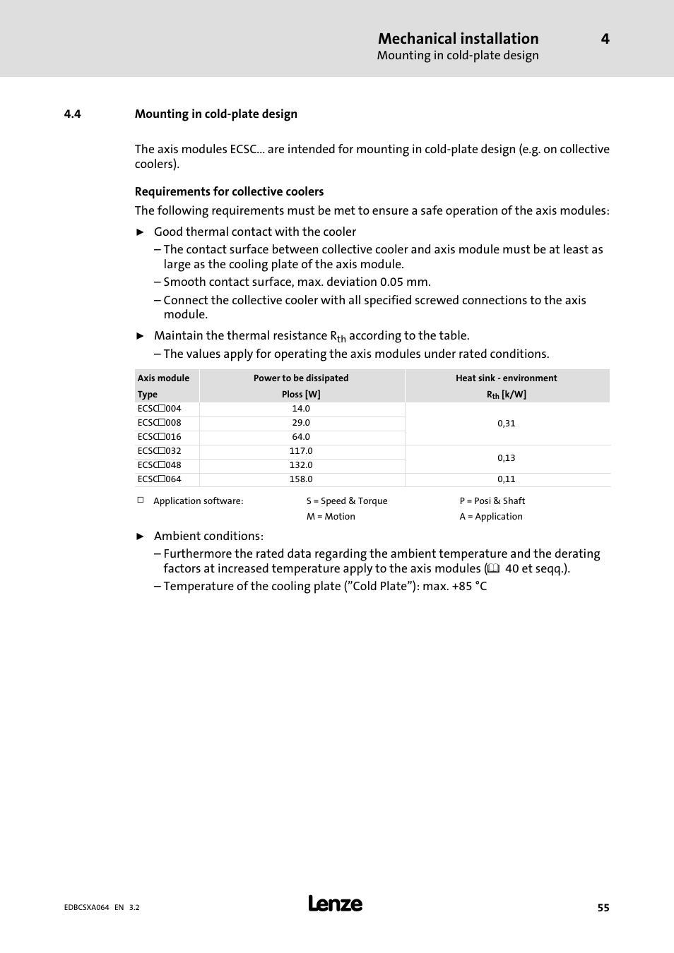 4 mounting in cold-plate design, Mounting in cold−plate design, Mechanical installation | Lenze ECSCAxxx User Manual | Page 55 / 483