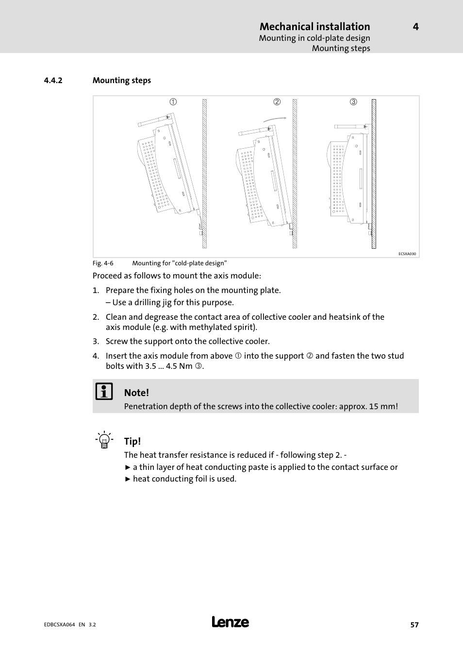 2 mounting steps, Mounting steps, Mechanical installation | Lenze ECSCAxxx User Manual | Page 57 / 483