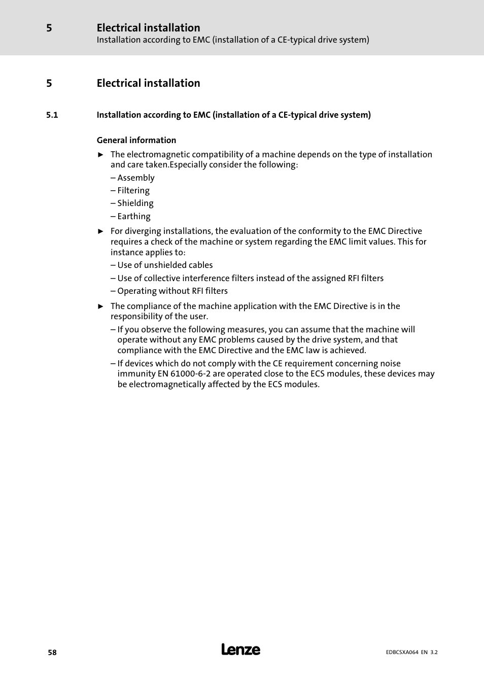 5 electrical installation, Electrical installation | Lenze ECSCAxxx User Manual | Page 58 / 483