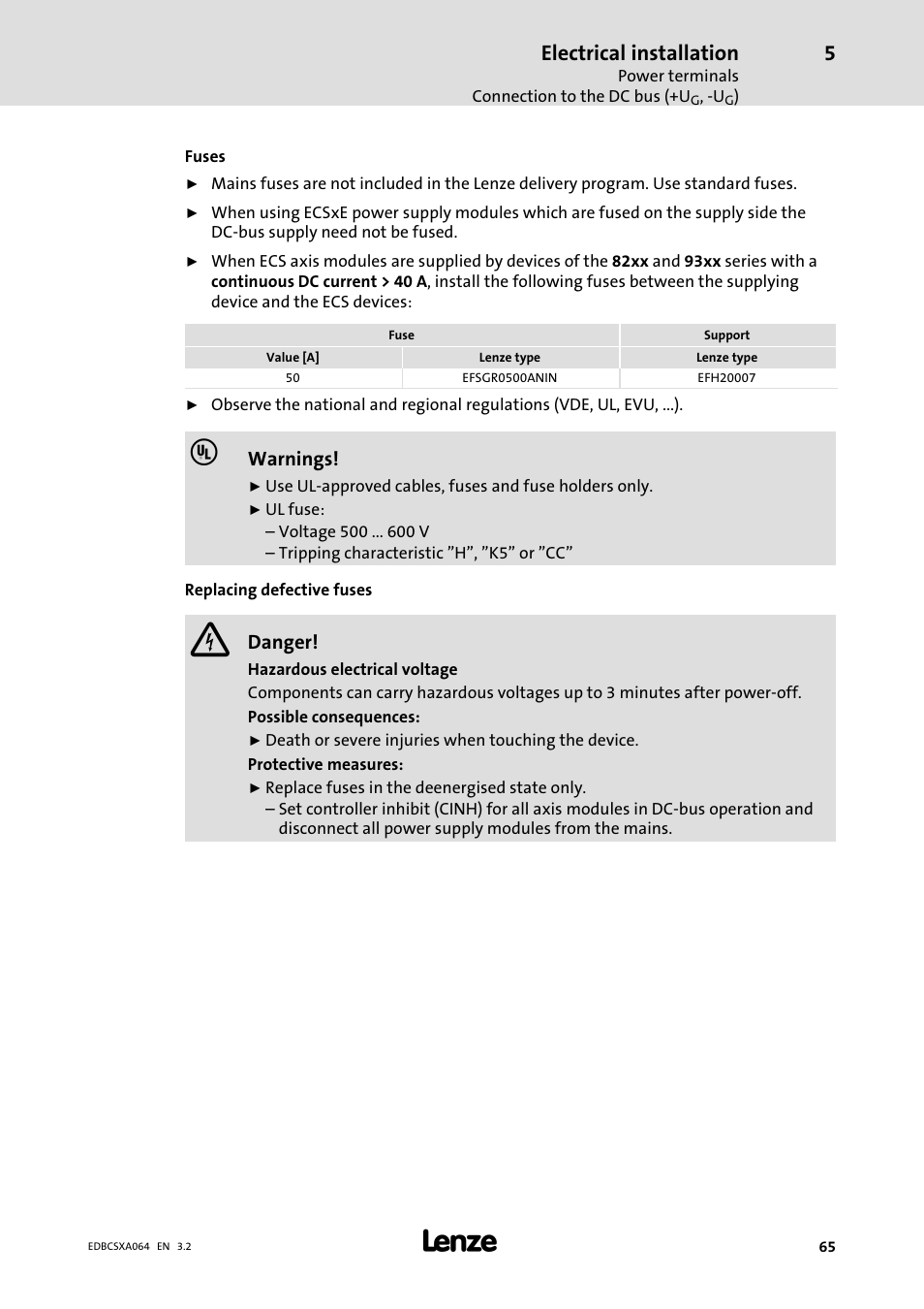 Electrical installation | Lenze ECSCAxxx User Manual | Page 65 / 483