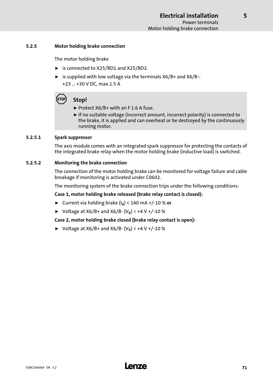 5 motor holding brake connection, Motor holding brake connection, Electrical installation | Lenze ECSCAxxx User Manual | Page 71 / 483