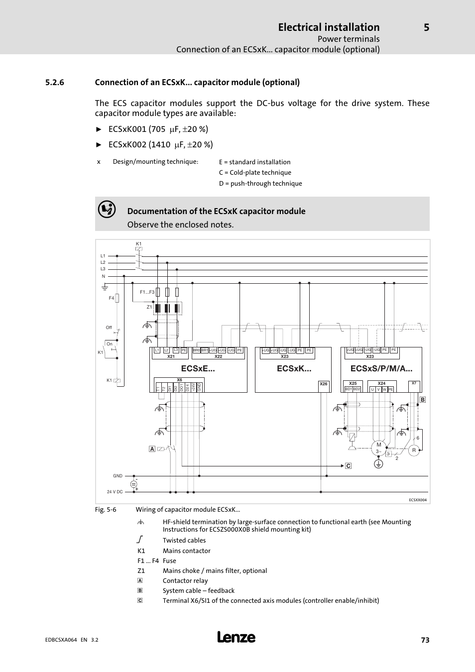 Electrical installation, Ecsxk, Ecsxe | Ecsxs/p/m/a | Lenze ECSCAxxx User Manual | Page 73 / 483