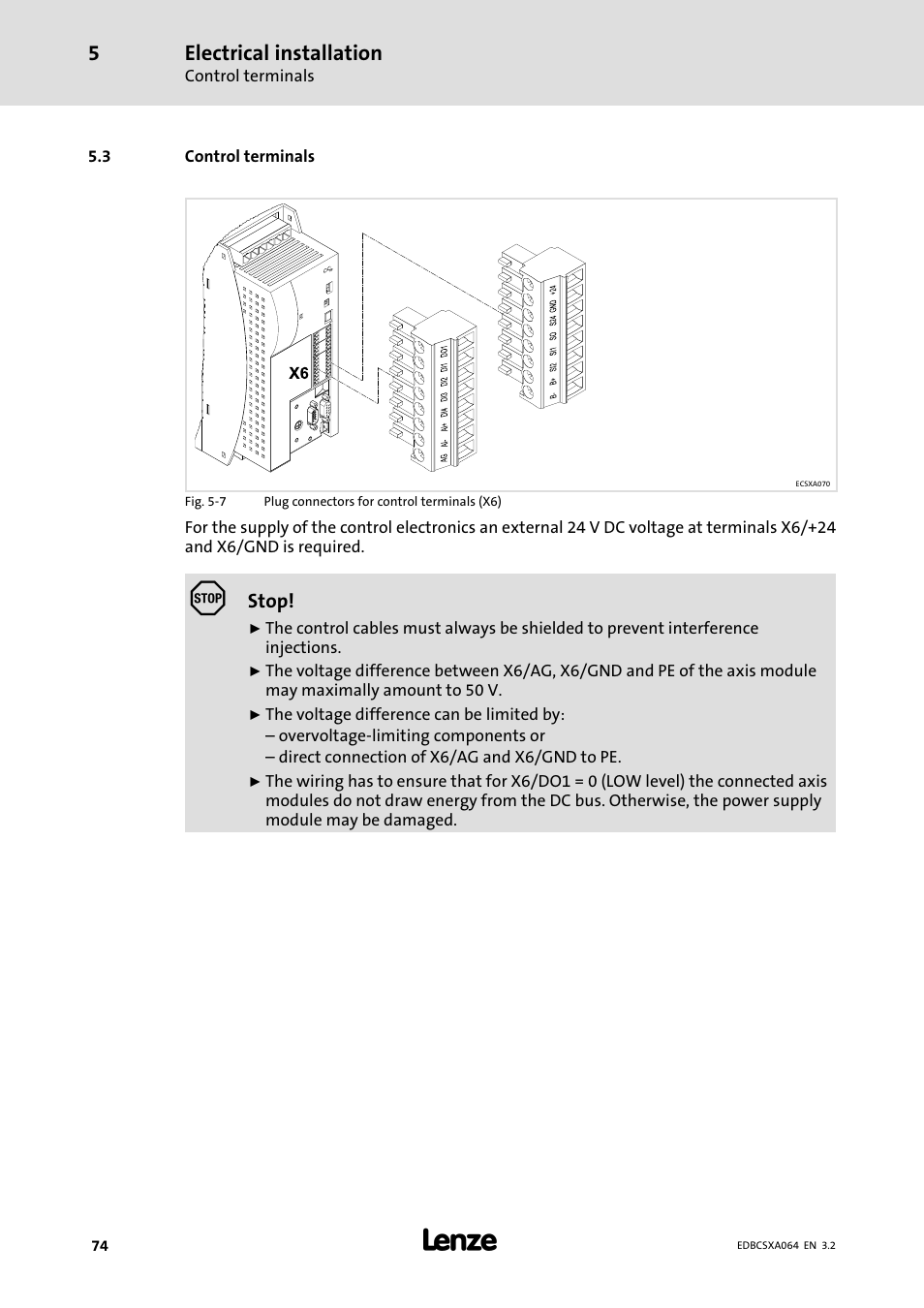 3 control terminals, Control terminals, Electrical installation | Lenze ECSCAxxx User Manual | Page 74 / 483